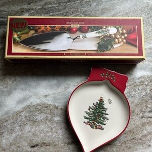 Spode christmas tree cake knife and candy/nut dish NEW